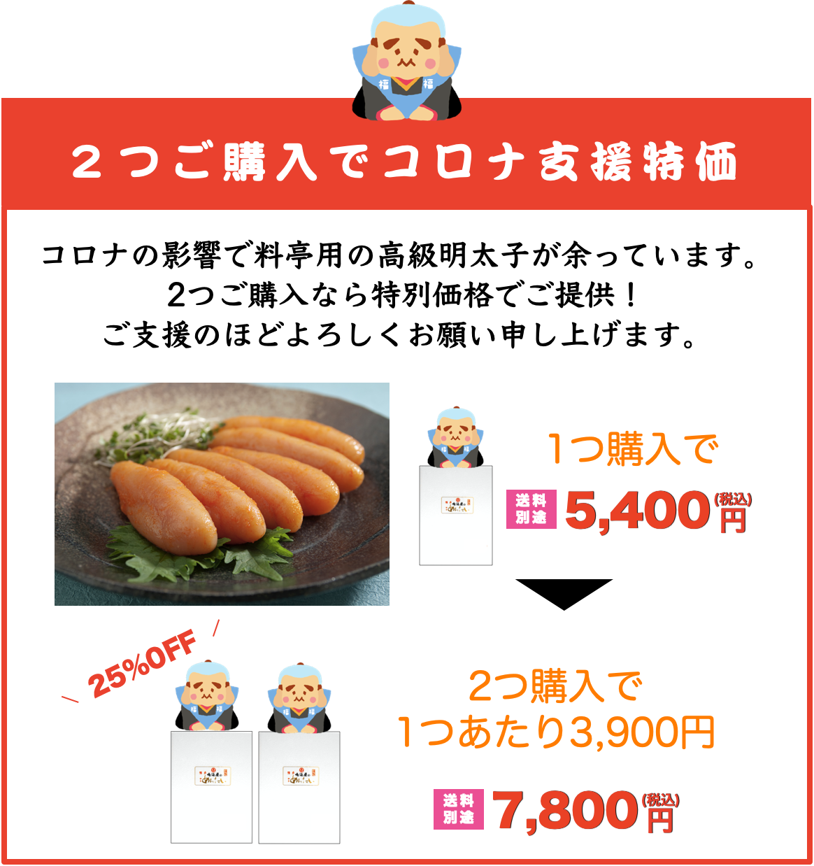 コロナ支援特価ー料亭用明太子